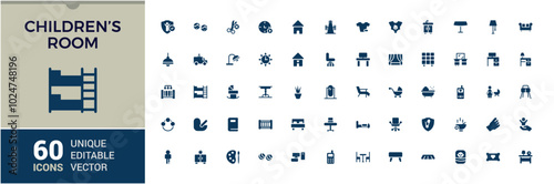 Children’s Room solid icons set. collection of babies furniture for home, bedroom glyphs symbol. Editable and pixel perfect icon pack.