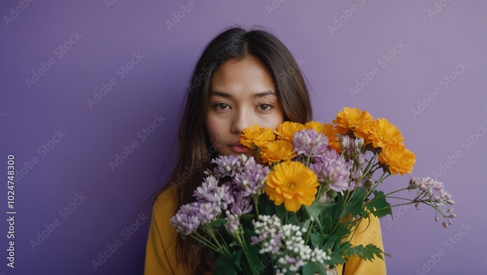Young woman in yellow top with bouquet against light purple background Young woman in yellow top with bouquet against light purple background