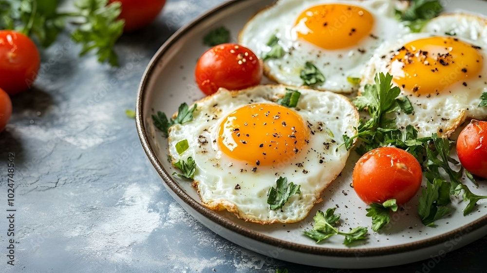 Sunny-side-up eggs with fresh parsley and cherry tomatoes. Sunny-side-up eggs with fresh parsley and cherry tomatoes.