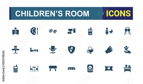 Set of solid children's room icons. baby room icon collection, cradle, bed, changing table, swaddle wrap, bunk bed, and more. editable and pixel perfect icons pack.