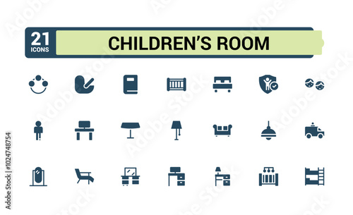 Set of solid children's room icons. baby room icon collection, cradle, bed, changing table, swaddle wrap, bunk bed, and more. editable and pixel perfect icons pack.