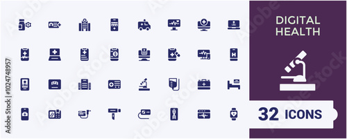 Digital Health service solid icons set. Containing medicine, hospital, treatment, aid, healthcare, skin care and more. Filled icons collection. Editable and pixel perfect.