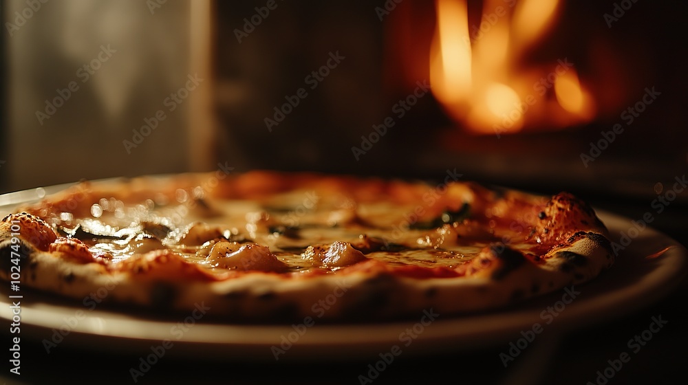 Freshly baked pizza with tomatoes and basil in a home oven, hot and steaming in the evening Freshly baked pizza with tomatoes and basil in a home oven, hot and steaming in the evening