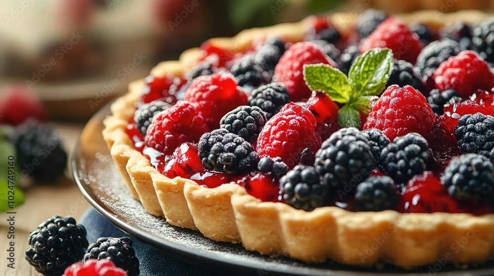 Fresh berry tart with raspberries, blackberries, and a mint garnish on a rustic wooden table Fresh berry tart with raspberries, blackberries, and a mint garnish on a rustic wooden table