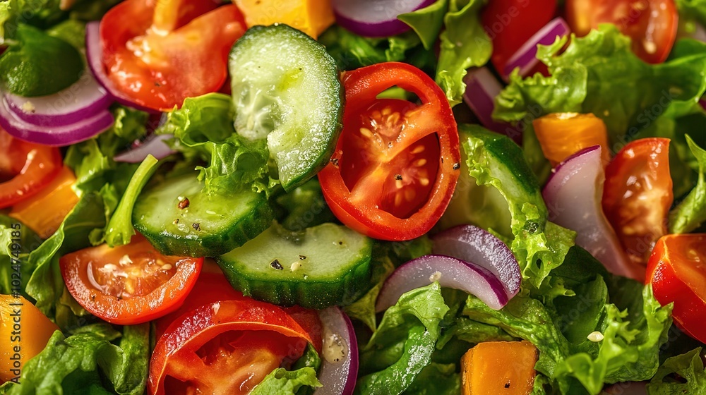 Freshly prepared garden salad with vibrant vegetables and greens displayed on a plate at a sunny outdoor setting Freshly prepared garden salad with vibrant vegetables and greens displayed on a plate at a sunny outdoor setting