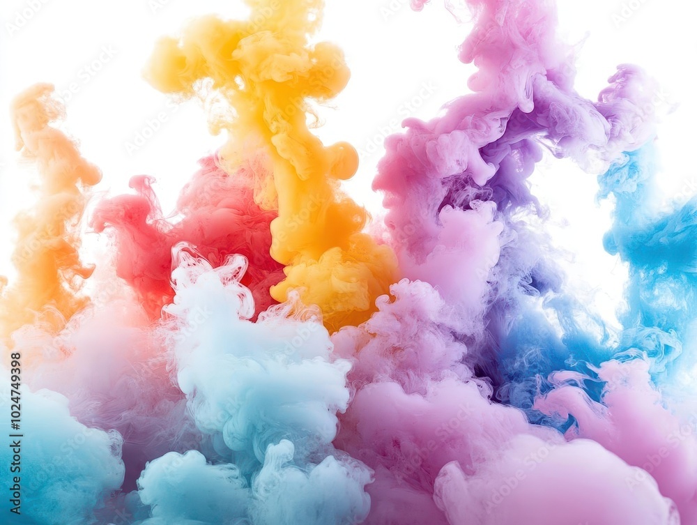 colorful plumes of smoke burst energetically against a stark white background, creating dynamic shapes and patterns that evoke a sense of excitement and creativity