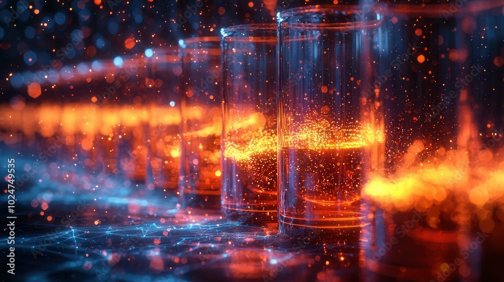 Fototapeta premium An abstract representation featuring glowing glasses filled with vibrant liquid, displaying particles and lights that create a captivating visual effect.