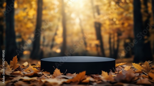 Fototapeta Naklejka Na Ścianę i Meble -  Black podium placed on the ground covered with autumn leaves, with a forest background in golden fall colors.