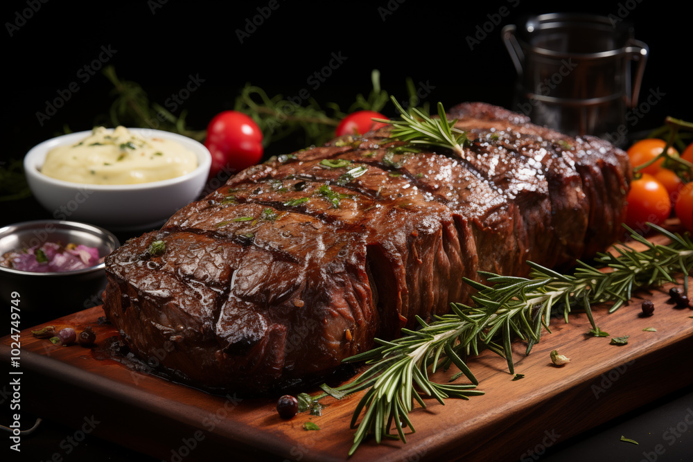 A juicy, grilled steak with rosemary on a wooden cutting board. A juicy, grilled steak with rosemary on a wooden cutting board.
