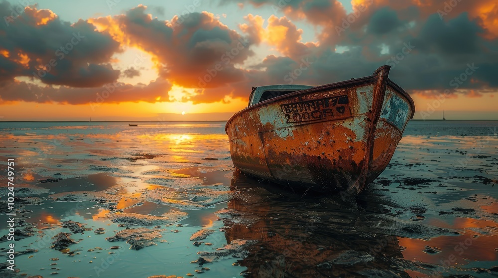 A tranquil scene capturing a rusted old boat on a muddy shore at sunset, with vibrant clouds and a stunning orange sky reflecting on the calm waters below A tranquil scene capturing a rusted old boat on a muddy shore at sunset, with vibrant clouds and a stunning orange sky reflecting on the calm waters below
