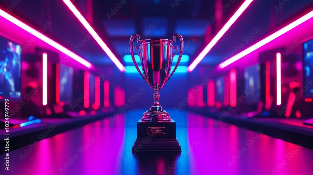 A championship trophy standing in the middle of an esports arena, stylish neon lights illuminating two rows of PCs for the finalists. A championship trophy standing in the middle of an esports arena, stylish neon lights illuminating two rows of PCs for the finalists.
