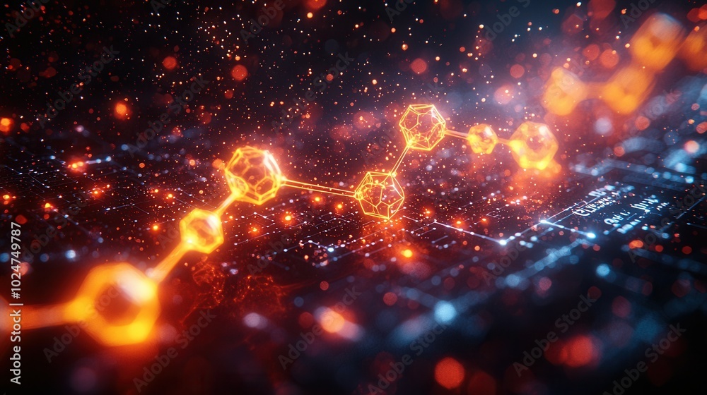 This image depicts an abstract representation of glowing molecules connected with a vibrant circuit pattern set against a cosmic background. This image depicts an abstract representation of glowing molecules connected with a vibrant circuit pattern set against a cosmic background.