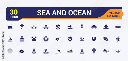 Set of solid icons of sea and Ocean, Containing marine vehicles, waves, Beach, editable and pixel perfect filled icon collection.