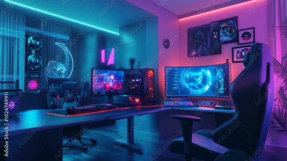 A futuristic gaming room with a powerful computer setup, neon lights casting cool tones, AI-driven visualizations filling the screen. A futuristic gaming room with a powerful computer setup, neon lights casting cool tones, AI-driven visualizations filling the screen.
