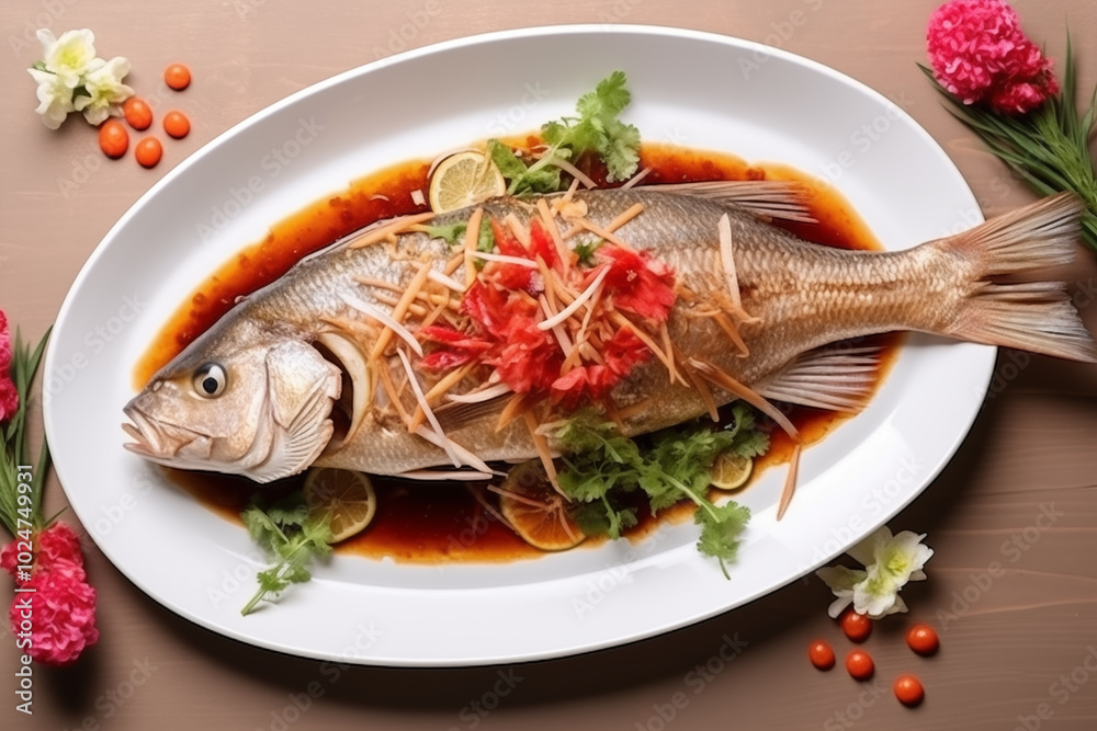 A whole steamed fish topped with shredded vegetables and a lemon wedge. A whole steamed fish topped with shredded vegetables and a lemon wedge.