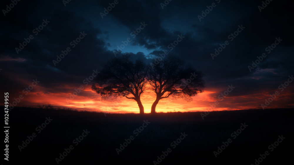 Silhouetted trees against a vibrant sunset in a serene landscape during twilight hours Silhouetted trees against a vibrant sunset in a serene landscape during twilight hours