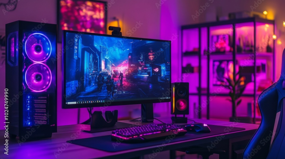 A high-end gaming computer glowing with RGB lights on a desk, surrounded by neon-colored walls, AI-driven artwork on screen.