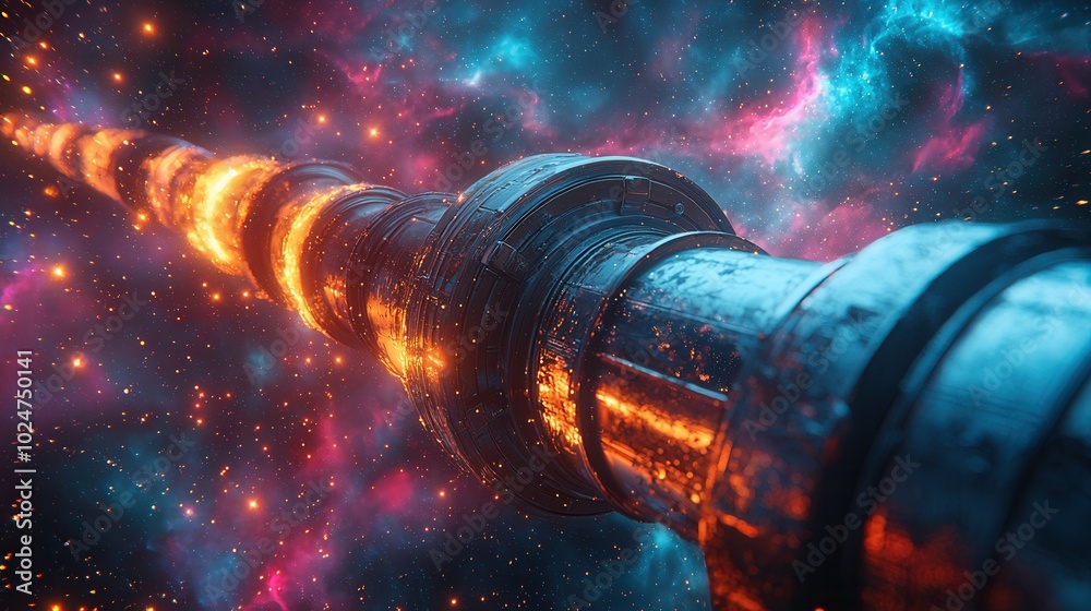 This captivating illustration depicts a futuristic structure in outer space, surrounded by vibrant cosmic colors and stellar phenomena. This captivating illustration depicts a futuristic structure in outer space, surrounded by vibrant cosmic colors and stellar phenomena.