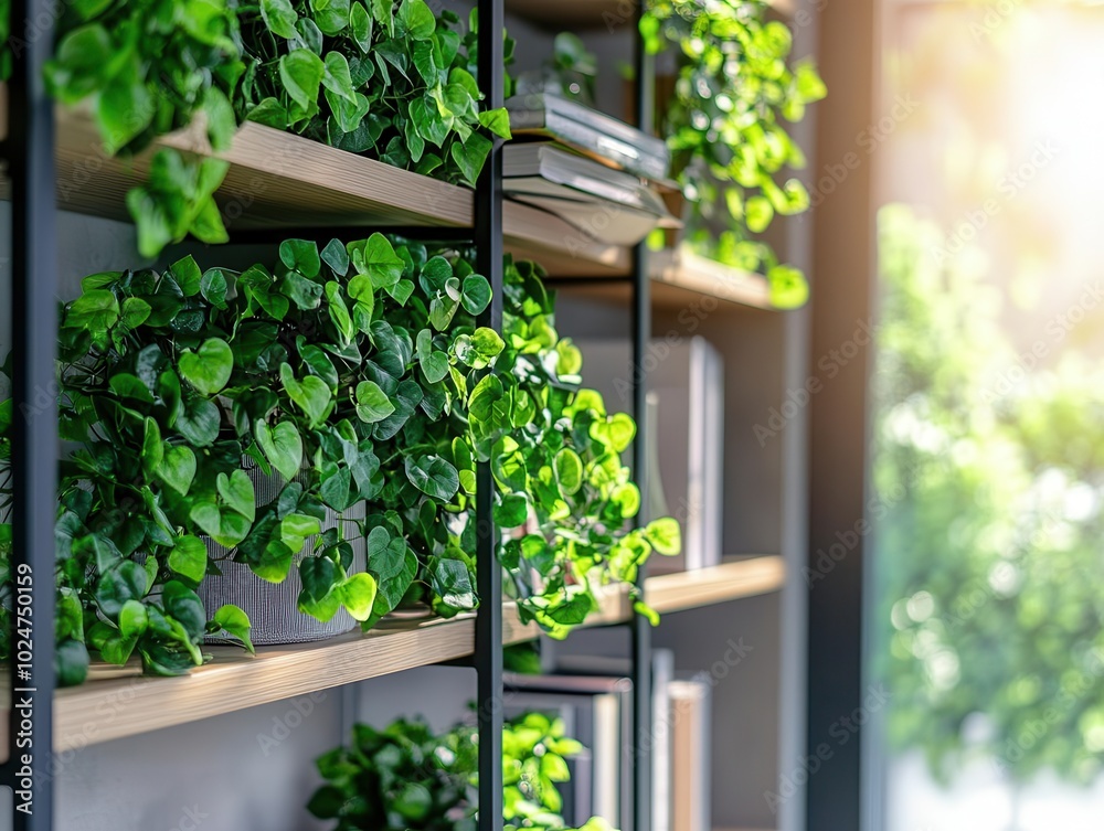 Fototapeta premium contemporary bookshelf featuring vibrant green plants, serving as a stylish decorative element for virtual office backgrounds, evoking a sense of tranquility and modern living
