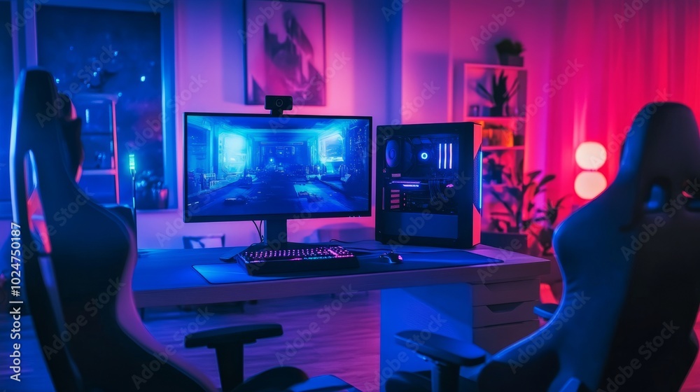 A stylish gaming room featuring a high-tech computer on a minimalist desk, neon lights creating a futuristic, AI-driven atmosphere. A stylish gaming room featuring a high-tech computer on a minimalist desk, neon lights creating a futuristic, AI-driven atmosphere.