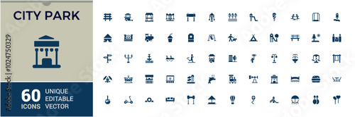 City Park solid icons set. Containing forest, barbecue, picnic camp, bench and more, Filled icon collection. Editable and pixel perfect, Minimal symbol pack.