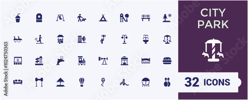 City Park solid icons set. Containing forest, barbecue, picnic camp, bench and more, Filled icon collection. Editable and pixel perfect, Minimal symbol pack.