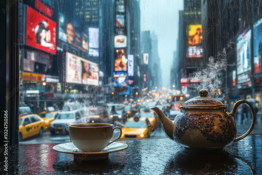 A steaming cup of tea sits on the table, next to an elegant teapot filled with hot water. The background reveals busy city streets through a large window. A steaming cup of tea sits on the table, next to an elegant teapot filled with hot water. The background reveals busy city streets through a large window.