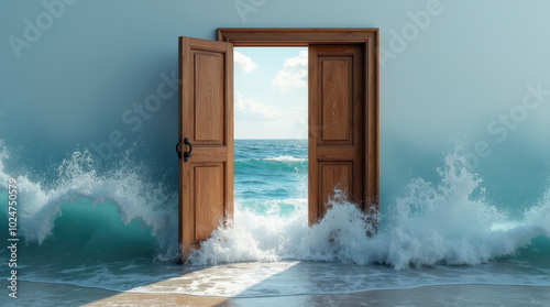 Open Wooden Door Leading to the Ocean Waves – Serenity, Freedom, and Adventure at the Seashore