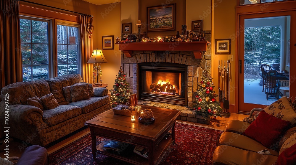 Cozy living room with a warm fireplace and mountain view during an evening in a rustic mountain lodge Cozy living room with a warm fireplace and mountain view during an evening in a rustic mountain lodge