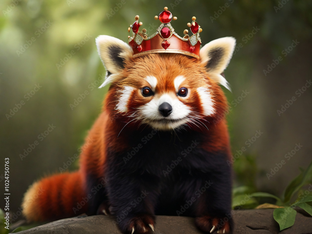 Obraz premium animal mammal cute royal red panda in a golden crown AI generated