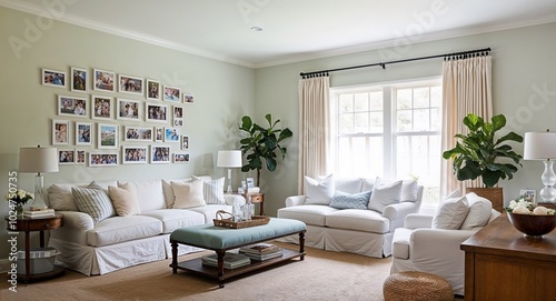 Airy living room with light colored walls soft curtains and a gallery wall filled with family photos