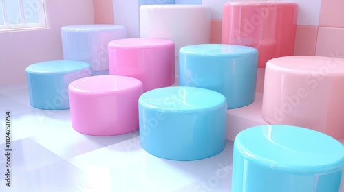 A colorful arrangement of round, glossy stools in pastel hues, creating a playful space.