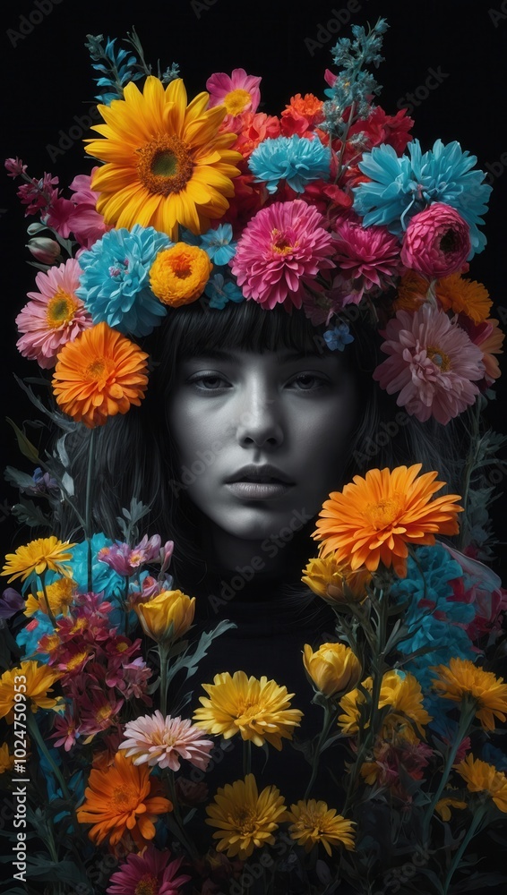 East Asian person with floral headpiece, muted gray background East Asian person with floral headpiece, muted gray background