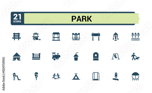 Park solid icons set. bench, picnic and playground icons. Park leisure and outdoor activity sign. Filled icon collection. pixel perfect. Vector illustration.