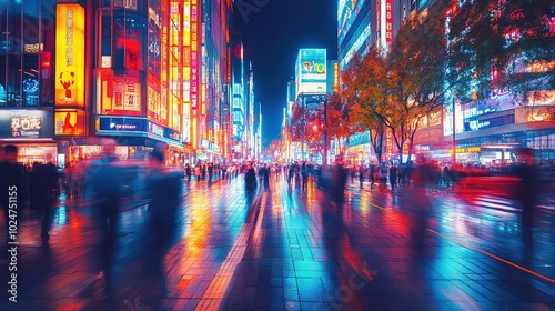 Busy streets filled with pedestrians and neon lights in a vibrant urban area at night