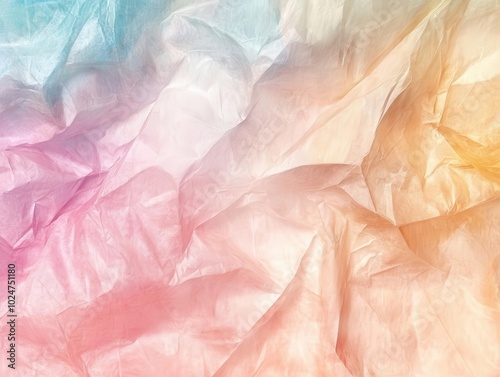 crumpled plastic wrap overlay with a shimmering texture, reflecting light in shades of soft pastel colors, creating an abstract, ethereal look for vinyl cover designs