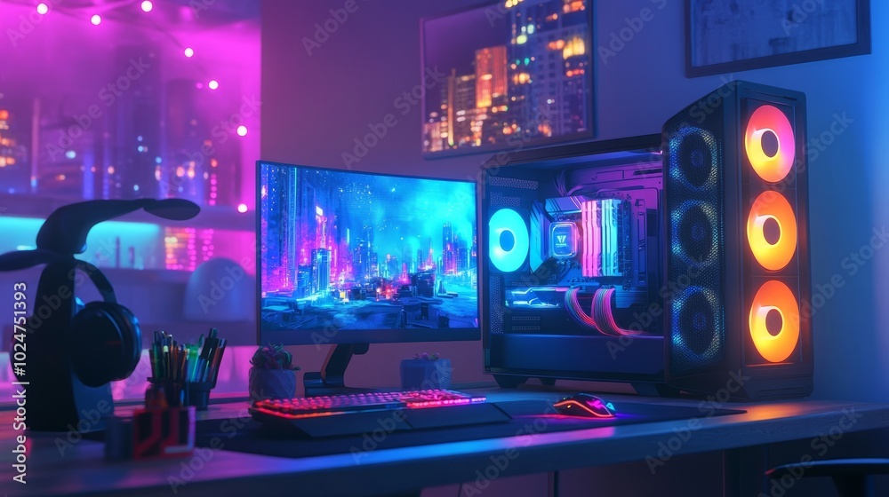 Gaming desk with a glowing computer tower, neon lights casting vibrant colors on the walls, futuristic AI graphics on the screen Gaming desk with a glowing computer tower, neon lights casting vibrant colors on the walls, futuristic AI graphics on the screen
