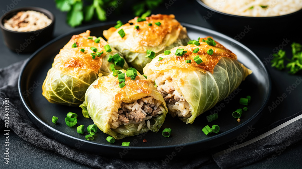 Close-up of stuffed cabbage rolls filled with rice and meat, garnished with chopped green onions on a black plate, with a side dish in the background. Close-up of stuffed cabbage rolls filled with rice and meat, garnished with chopped green onions on a black plate, with a side dish in the background.