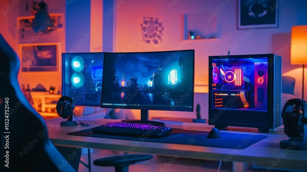 High-tech gaming setup with a glowing computer on a sleek desk, neon lights casting a futuristic glow, AI-driven visuals on the monitors. High-tech gaming setup with a glowing computer on a sleek desk, neon lights casting a futuristic glow, AI-driven visuals on the monitors.