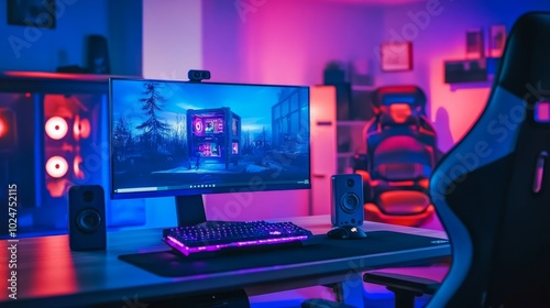 High-end gaming computer on a sleek desk, neon purple and blue lights illuminating the room, futuristic gaming chair in the background