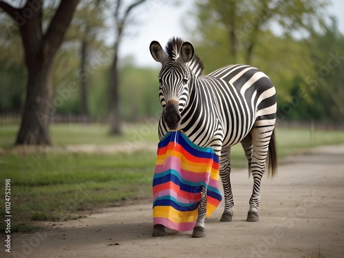  Rainbow zebra in the African steppe AI generated photo