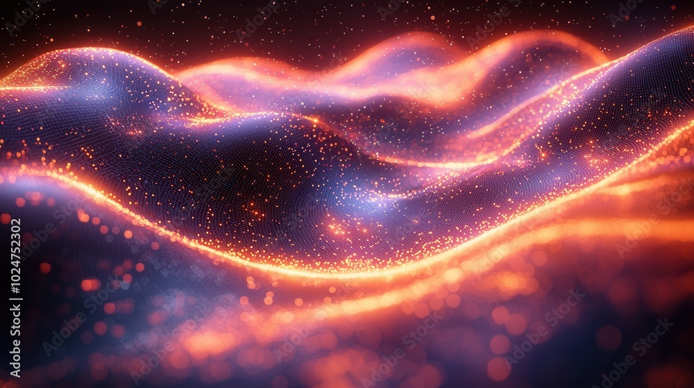 An abstract depiction of flowing waves illuminated by glowing particles, creating a captivating visual experience in vibrant colors. An abstract depiction of flowing waves illuminated by glowing particles, creating a captivating visual experience in vibrant colors.