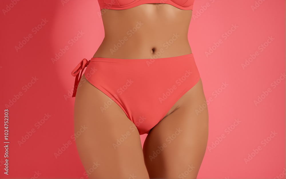 Close-up shot of a slender female body in tight bikini panties. Slenderness, femininity. Fitness and body care. Close-up shot of a slender female body in tight bikini panties. Slenderness, femininity. Fitness and body care.