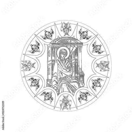 Annunciation to the Blessed Virgin Mary sky round dome with 4 apostles and seraphim. Coloring page in Byzantine style