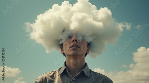 Creative Conceptual Image of Person with Their Head in the Clouds, Symbolizing Daydreaming, Imagination, and Mindfulness