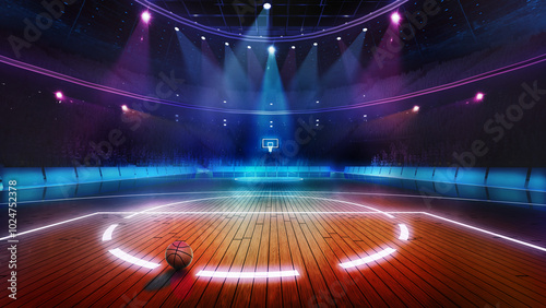 Basketball court bathed in vibrant neon lights, with single basketball resting at center of illuminated court. 3D render of stadium. Concept of professional sport, tournament, competition, live event