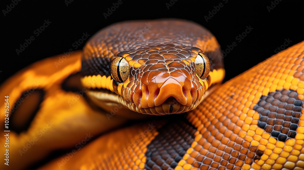 Fototapeta premium Close-up of a brightly colored snake with orange and black scales, showcasing intricate patterns and texture against a dark background.