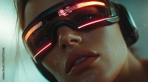 Futuristic fashion: woman in high-tech visor for digital media design