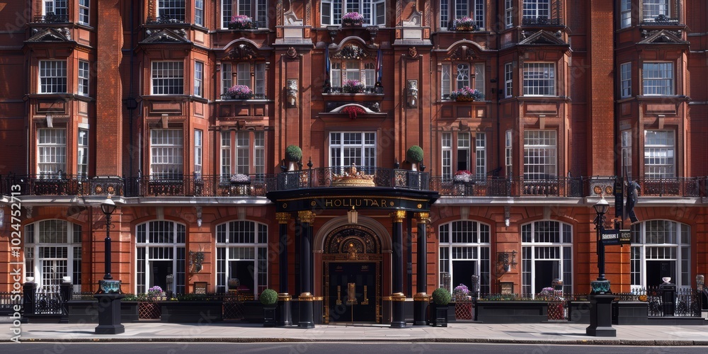 The grand and historic architectural facade of a luxurious city hotel with intricate details and a welcoming entrance under a clear blue sky The grand and historic architectural facade of a luxurious city hotel with intricate details and a welcoming entrance under a clear blue sky