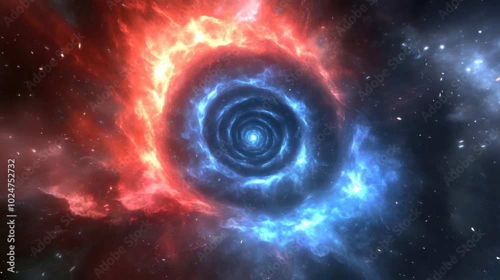 A swirling cosmic vortex with red and blue hues, depicting a dynamic space scene. A swirling cosmic vortex with red and blue hues, depicting a dynamic space scene.